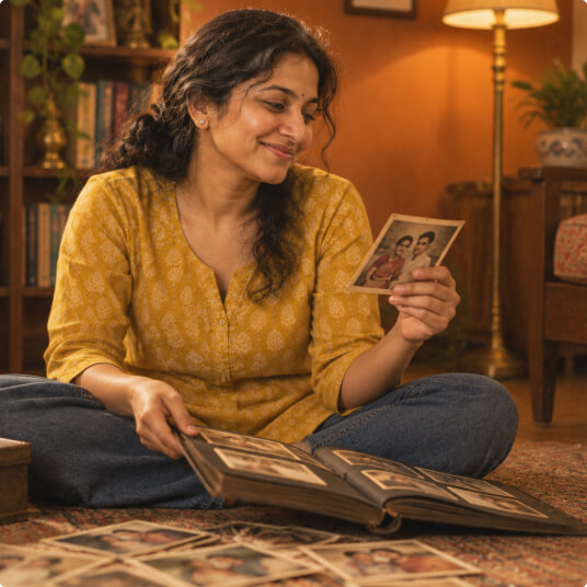 She holds up a faded sepia wedding photograph above the open family album